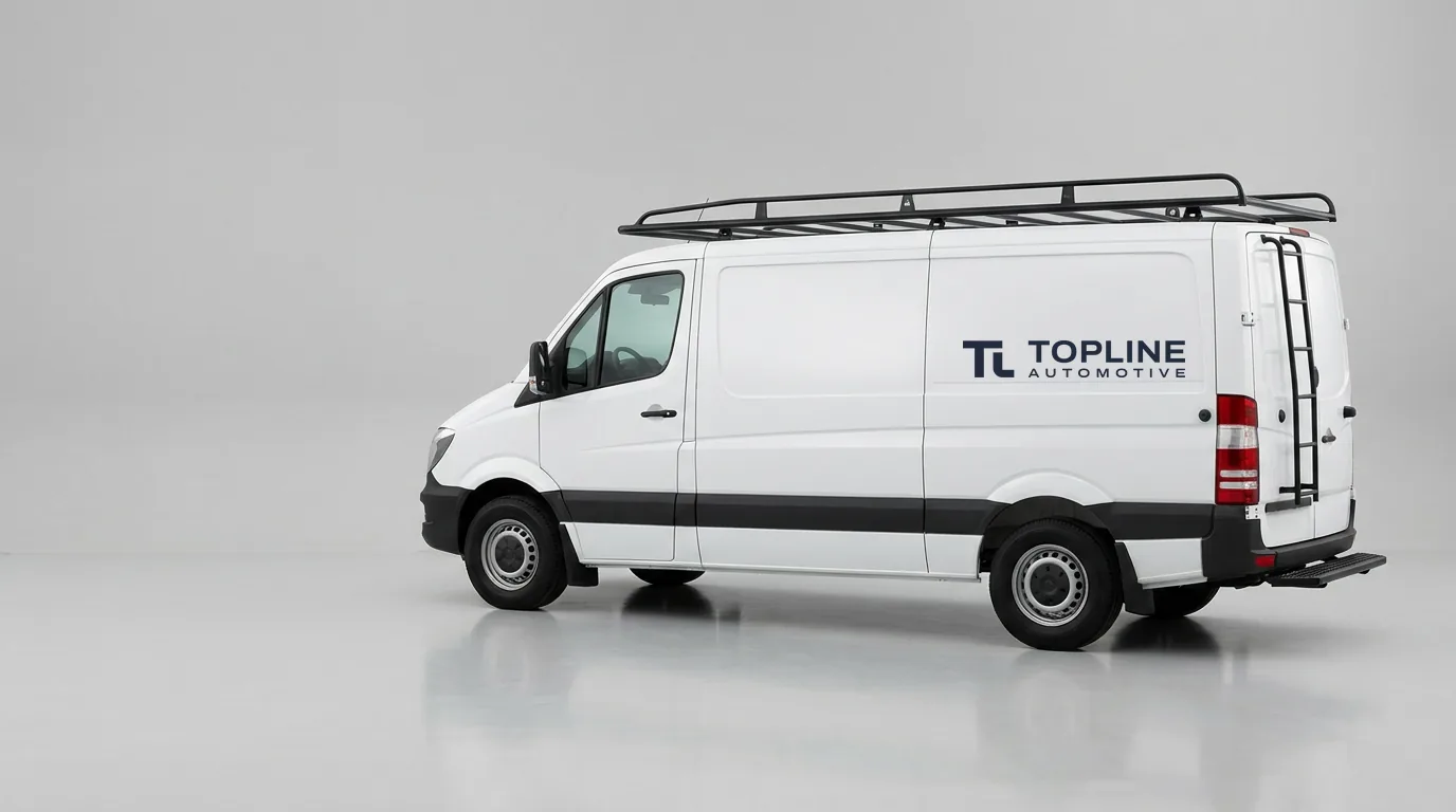 Witte bestelbus met zwart imperiaal, achterdeurladder, achteropstap en Topline-logo