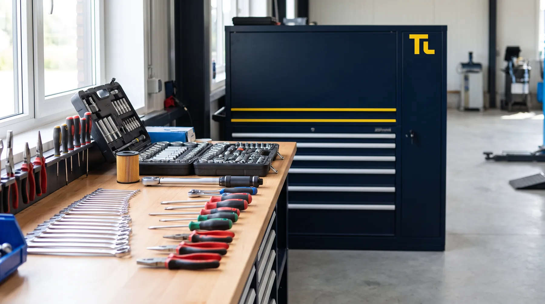 Werkbank met gereedschap en een gereedschapskast